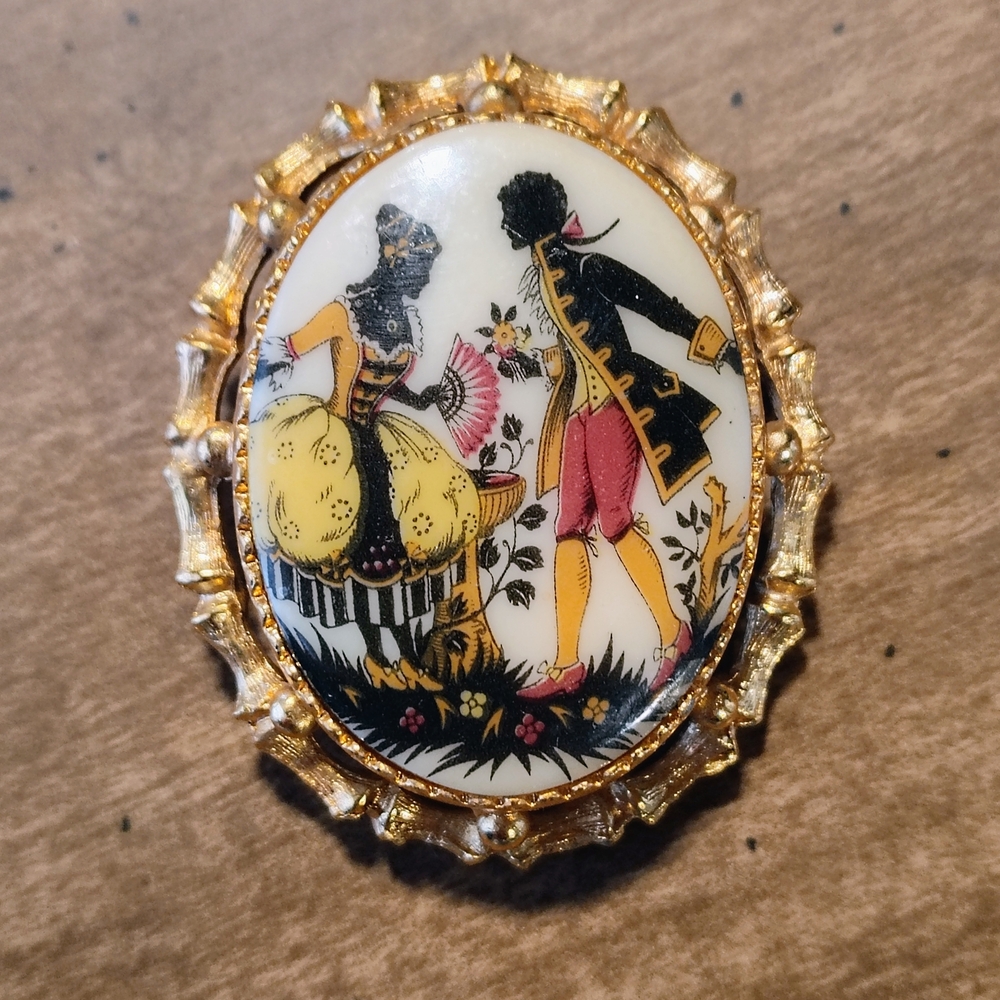 Vintage Gold and Cream Brooch with Victorian Scene